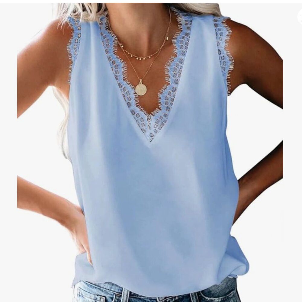 Blencot Lace Trim V Neck Sky Blue Sleeveless Tank Blouse